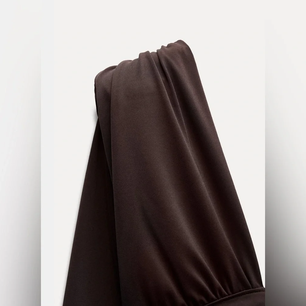 BNWT Zara Chocolate Long Dress with Shoulder Pads – Size M - Picture 5 of 16